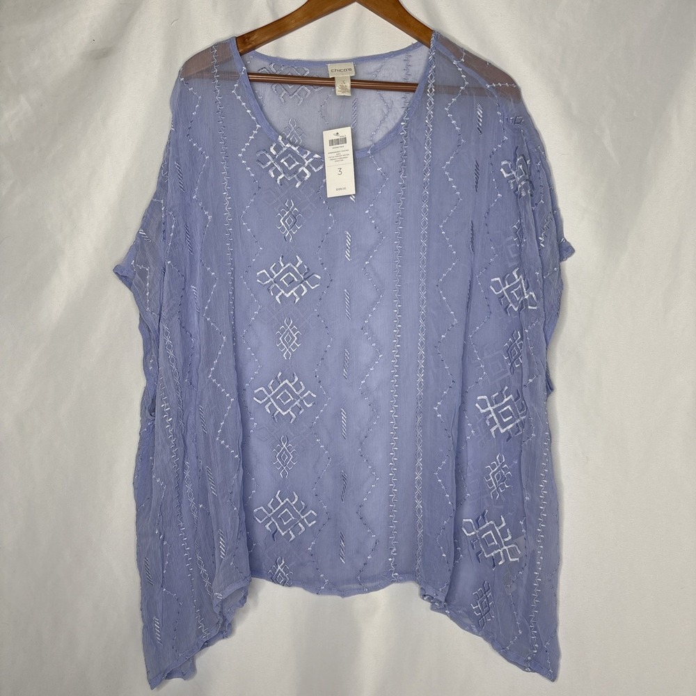 Chico's Women's 3 (16) Ezra Woven Short Sleeve French Hydrangea Blouse Top NEW